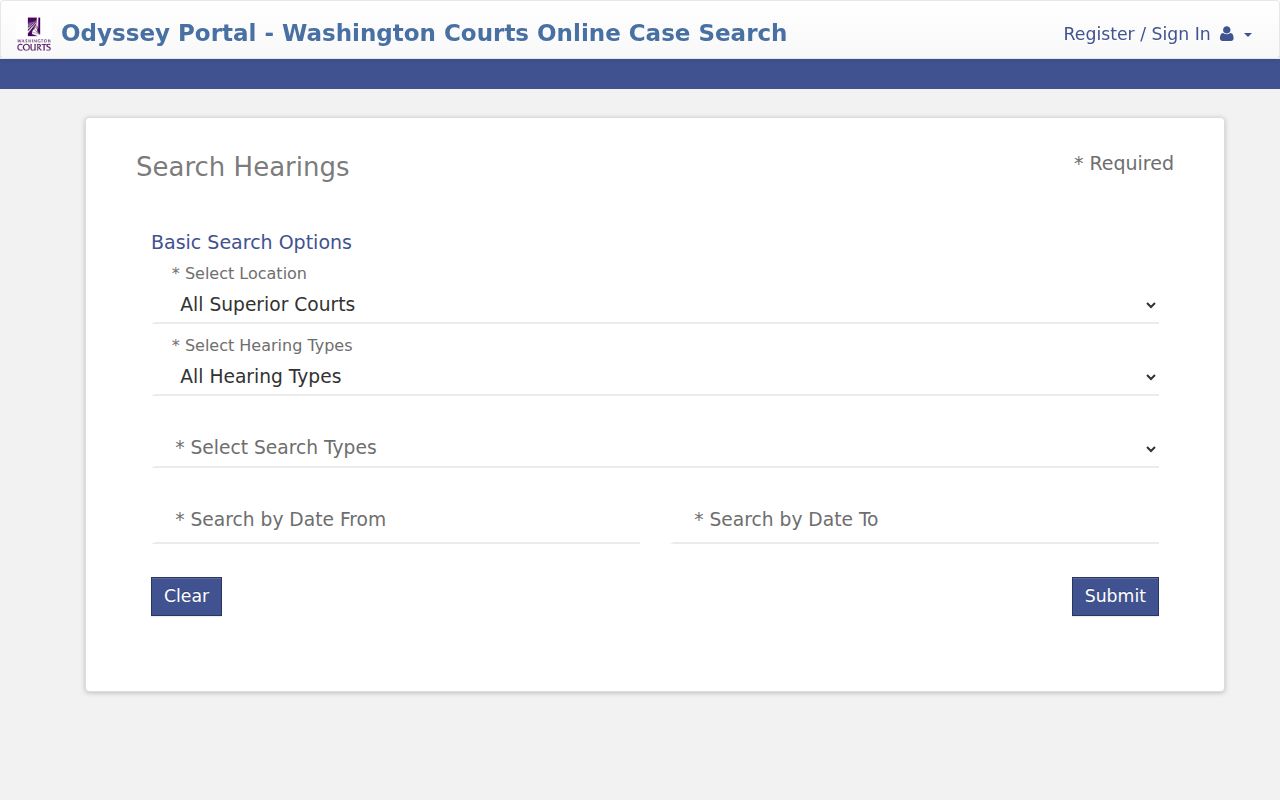 Odyssey Search Hearings entry for Whatcom County court dates
