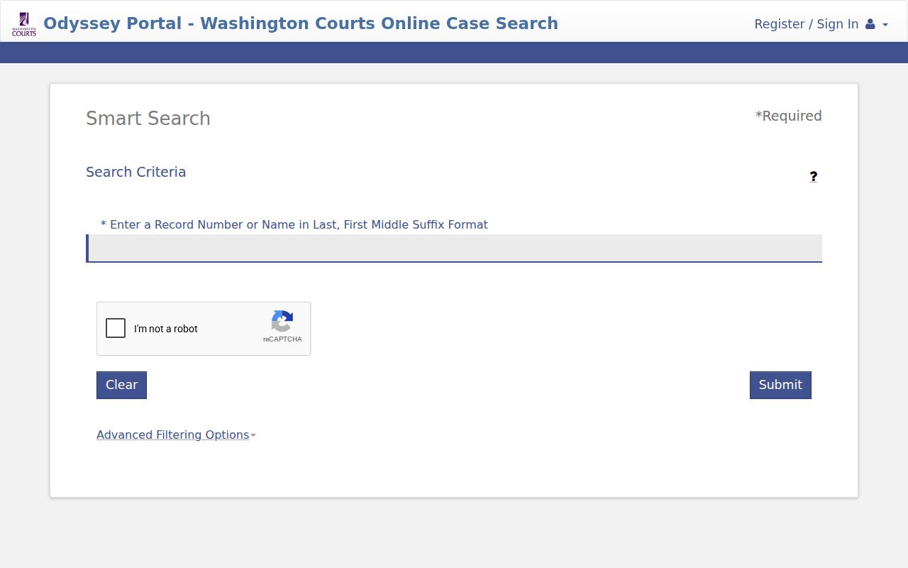 Odyssey Smart Search entry for a Whatcom County case lookup